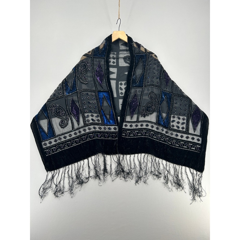 Vintage Silk Blend Burnout Velvet Beaded Fringe Shawl Wrap Blue Purple Paisley
